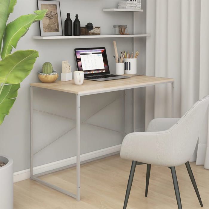 Bureau dordinateur - Happiness - 110x60x70 cm - Blanc chêne - Bois dingénierie - Métal enduit de poudre