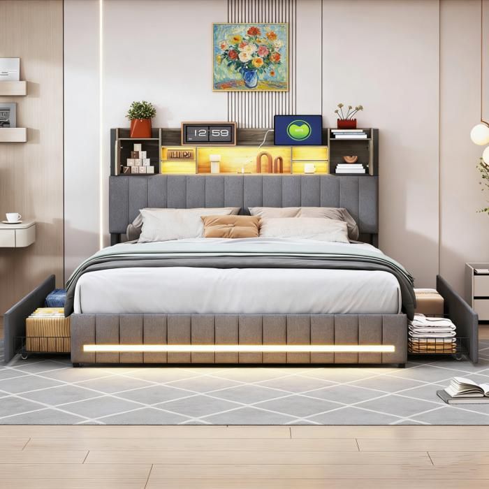 Lit double capitonné KILISKY 140x200 cm - LED RGB - 4 tiroirs - Bois massif - Gris lin