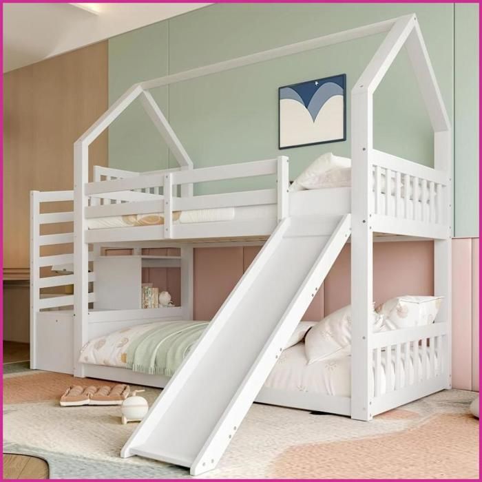 Lit en hauteur enfant sans matelas - Treppe à rangement Rutsche Garde-corps - Modèle WX000402AAA-3 - Blanc 90x200cm