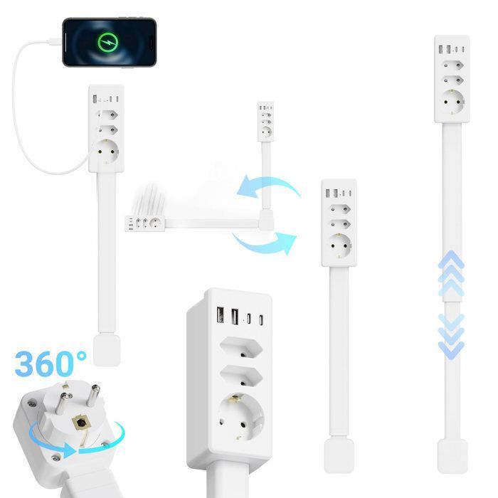 1500W Multiprise Électrique avec 3 Prises 2 USB-A et 2 USB-C 47 - 67 cm Câble Rétractable Soutien avec La Charge Rapide 20W