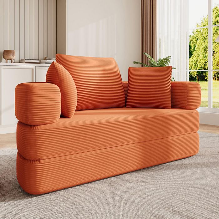 Canapé‑lit pliable multifonctionnel - MINIMAL - Boneless - Velours côtelé orange - 2 places - Mousse 40 cm