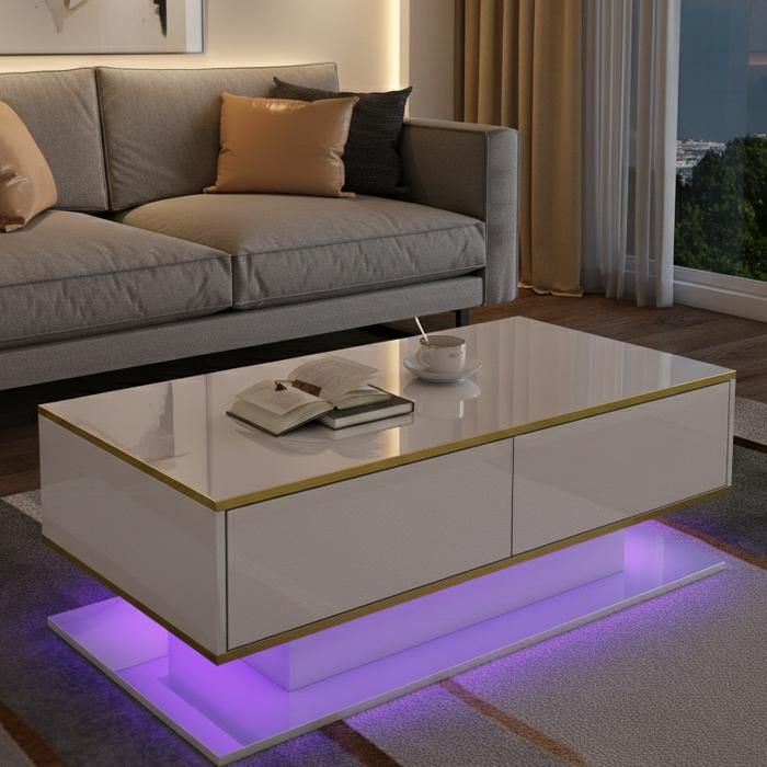 Table Basse 100 cm Blanc Brillant et Or - 3 Tiroirs et Niche - Meuble Salon Moderne Chic - Design Élégant Gain de Place