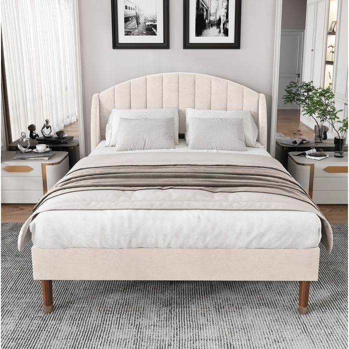 Lit double 140x190 cm lit rembourré avec sommier à lattes en velours Beige (Sans matelas)