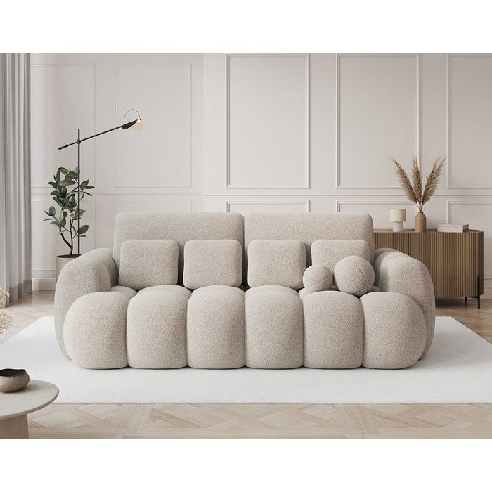 Dorian - Canapé droit 3 places convertible avec coffre en tissu bouclette - Beige