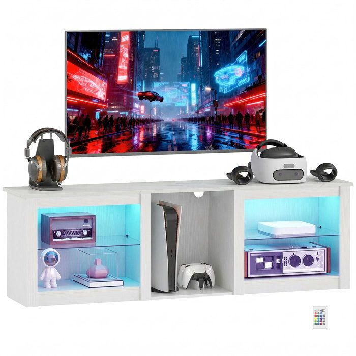 Meuble TV avec éclairage LED - HOMCOM - télévision jusquà 70 pouces - 160cm avec étagères en verre réglables - blanc