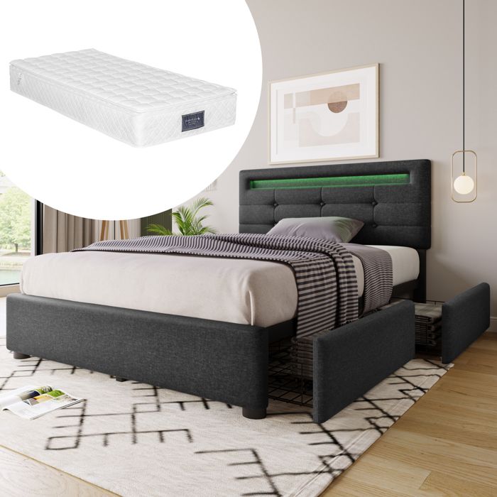 Lit simple - KOMHTOM - 90x200 cm - Matelas inclus - LED intégrée - 2 tiroirs
