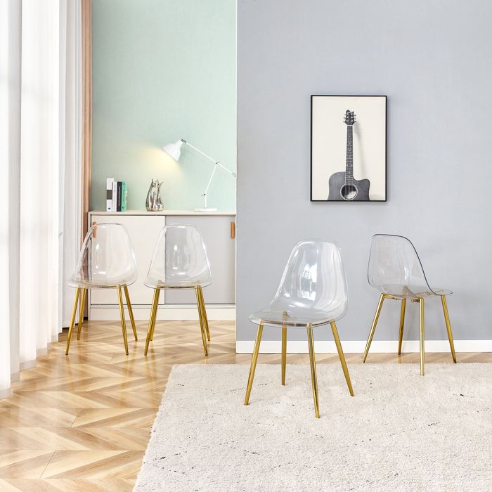 Lot de 4 chaises de salle à manger 44x457x83 cm avec pieds en métal dorés assise plastique style moderne transparent