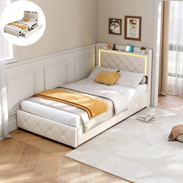 Lit Simple 90x200 cm avec sommier à Lattes lit coffre avec rangement lit enfant 90×200 cm avec tete de lit et USB Beige velours