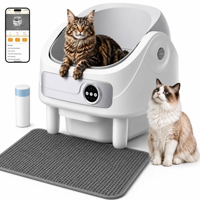 Bac à Litière Automatique Pour Chat Auto-Nettoyant 75L+10.5L Contrôle Via Application Nettoyage Facile Tapis Et Sacs Inclus