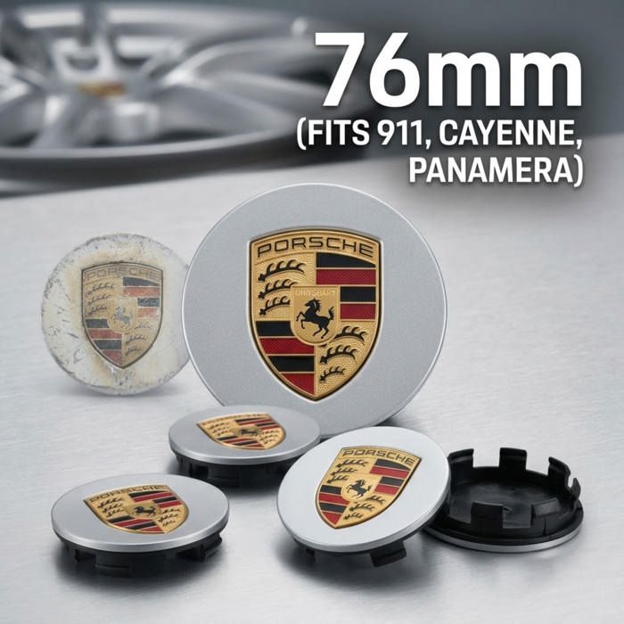 4 x Centre de roue 76mm Porsche cache moyeu Argent