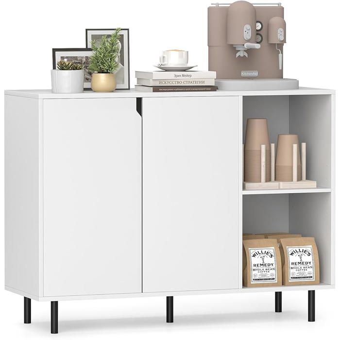 GIANTEX Buffet de Cuisine- Étagère Réglable- 5 Pieds en Métal- 2 Portes- 2 Cubes Ouverts- Salle à Manger Salon- 106x38x80cm- Blanc