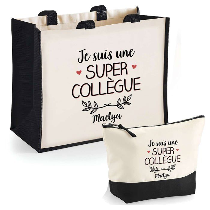 Duo cabas jute et trousse Maelya Une super Collègue Cadeau Prénom Femme Anniversaire Noël Sac courses Pochette Maquillage Shopping
