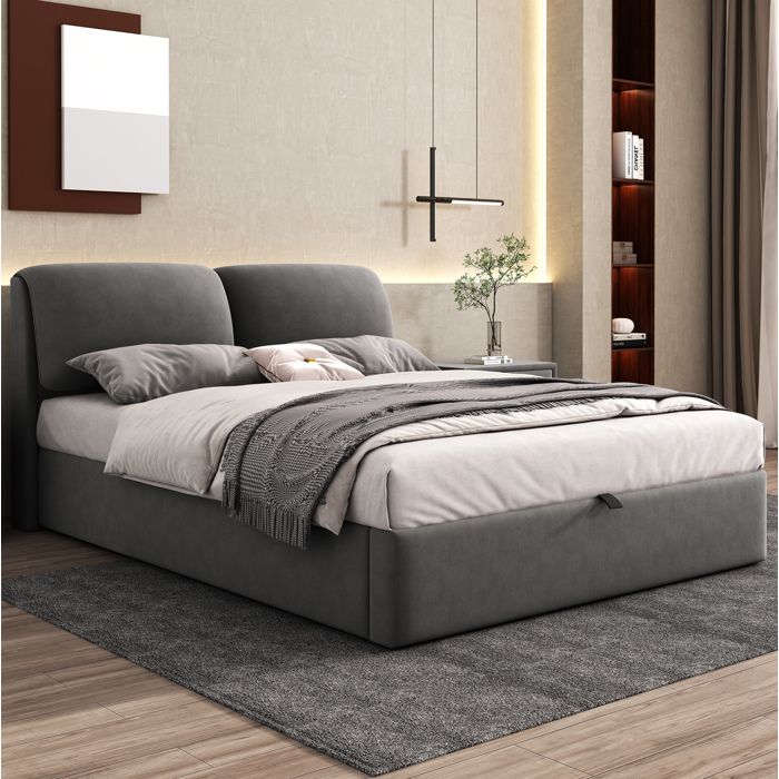ULEVR lit coffre 140 x 200 cm en velours gris avec sommier a lattes tete de lit reglable et 3 tiroirs