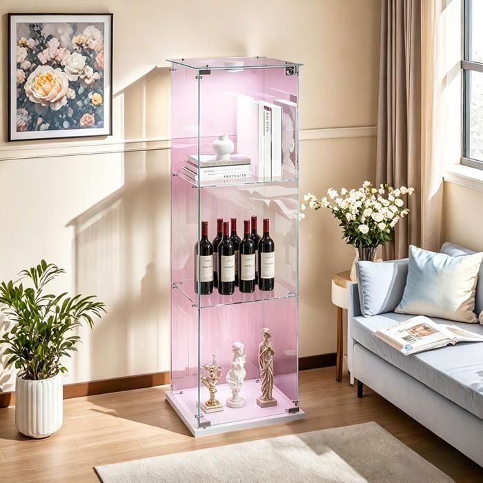 Vitrine LED 39.8x35x123.3 cm UTTQEW Meuble de Collection Transparent avec 1 Porte 3 Niveaux Lampe Toucher Serrure de Sécurité Blanc