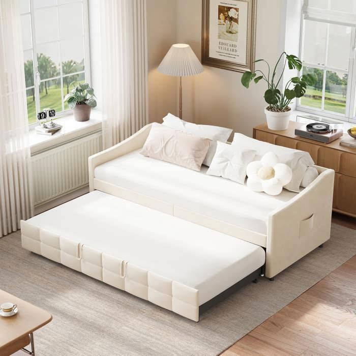 Canapé lit 90x200 cmlit gigognelit convertiblelit adolescent2 couchagessommier lattesveloursbeige