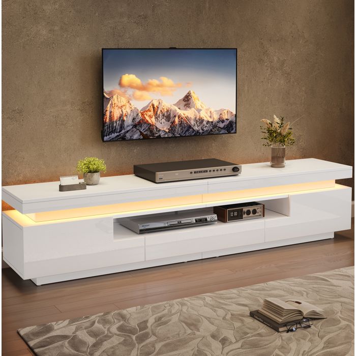 Meuble TV - 2 portes - 1 tiroir - finition laquée brillante - éclairage LED - 175 x 38 x 45 cm