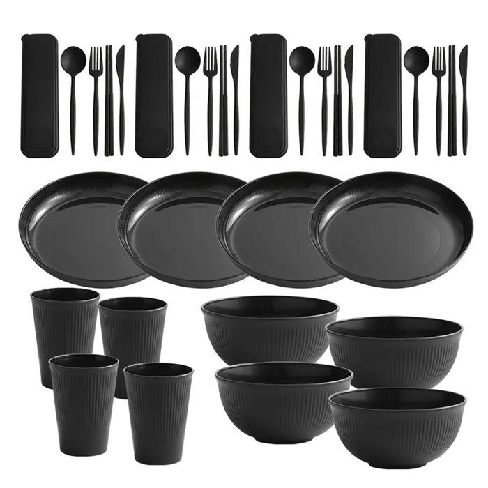 Ensemble de 32 pièces de paille de blé micro-ondes lave-vaisselle incassable réutilisable léger camping assiettes tasses bols