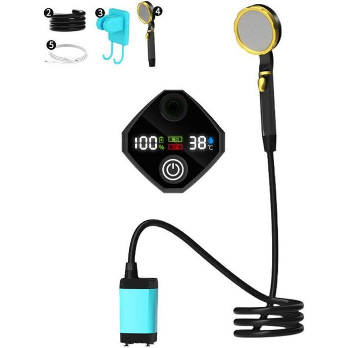 Pompe de douche camping rechargeable - Batterie 9000mAh avec affichage LED Ventouse et crochet inclus