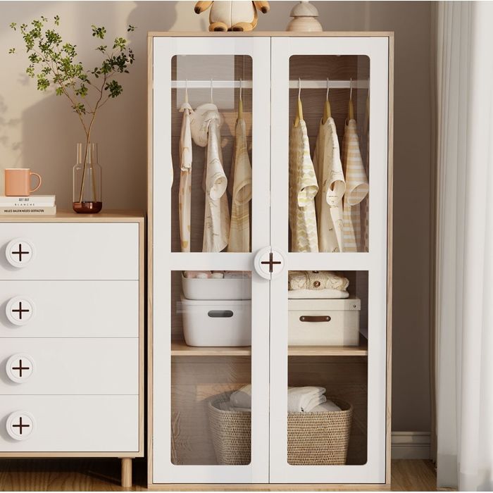 COVREO armoire enfant 2 portes 80 x 50 x 150 cm avec tringle étagères réglables 10 niveaux blanc et bois