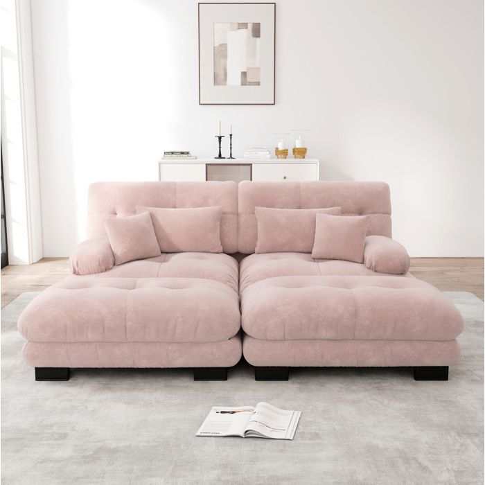 Canapé d’angle modulable 2 places en chenille rose avec 2 ottomans 2 coussins lombaires et 2 coussins décoratifs