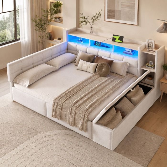 Lit de jour blanc 140x190 cm en velours avec LED USB/Type-C 2 tiroirs étagère et coffre