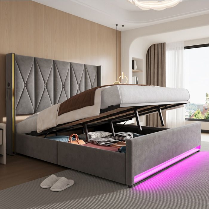 Lit coffre 180 x 200 cm en velours gris foncé avec sommier à lattes tête de lit haute matelassée LED et USB-C