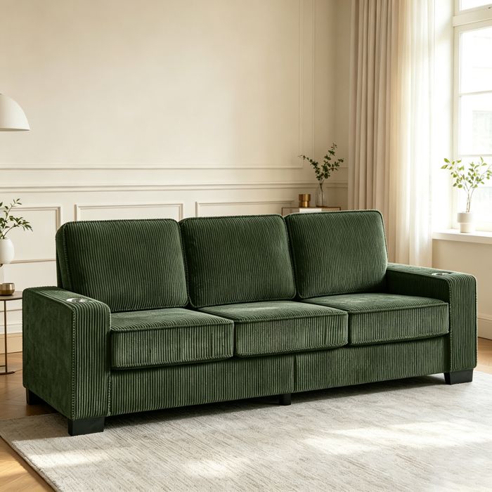 Canapé 3 places en velours cordé design moderne avec porte-gobelets Vert