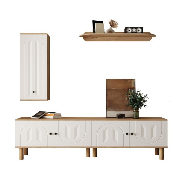 Ensemble mural TV 3 pièces blanc et décor bois avec meuble TV 170 cm colonne 100 cm et étagère murale