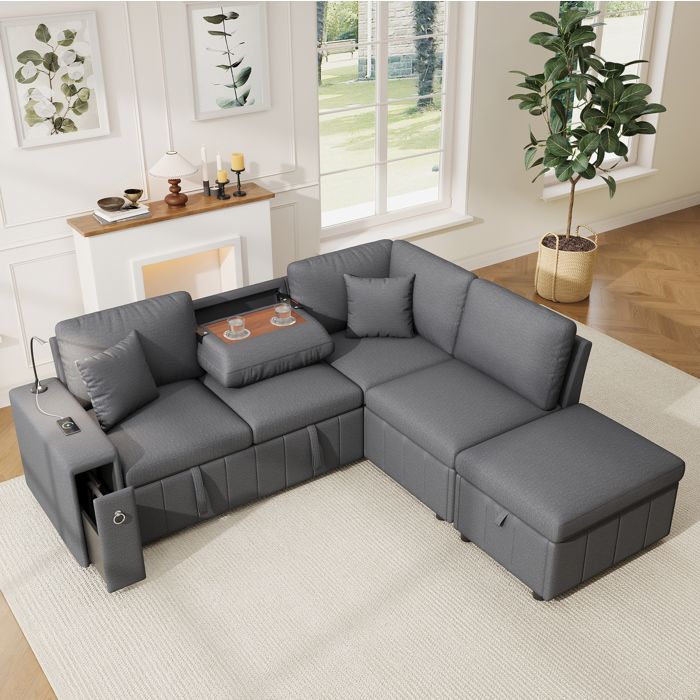 Canapé dangle convertible 5 places avec USB Type-C et pouf de rangement - ELVMI - lampe de lecture lin gris