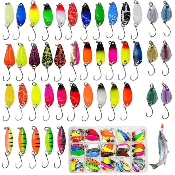 43 Pièces Cuillères de Pêche à TruiteTruite Cuillère Spinner Clignotants Leurres Cuillères avec Boîte Trout Spoons