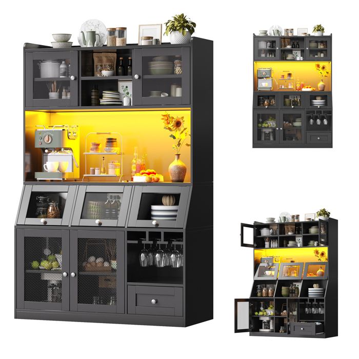 Buffet Haut de Cuisine Noir 181 7 cm Meuble Bar à Café avec LED USB Portes Vitrées et Porte-Verres Buffet Haut de Cuisine Noir 181 7 cm Meuble Bar à Café avec LED USB Portes Vitrées et Porte-Verres