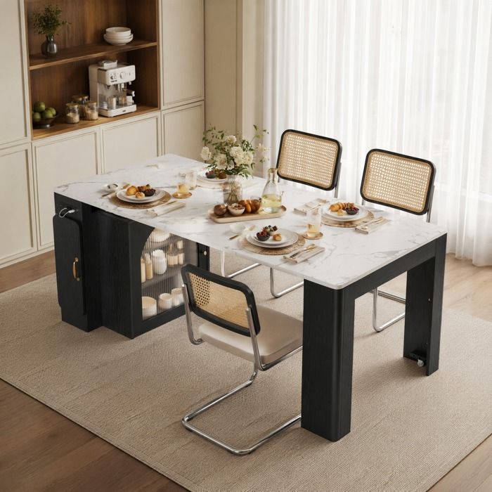 VUENOR îlot central extensible 1496 x 80 x 77 cm blanc et noir avec rangements et prise USB Type-C