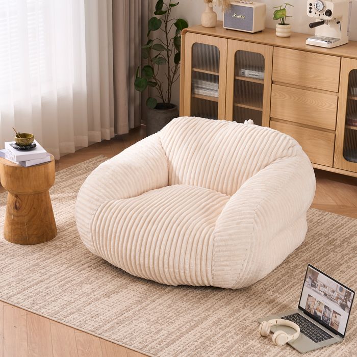 Pouf Poire en Velours Côtelé - Fauteuil Confortable - Mousse à mémoire - Pour Chambre - 110x116x61cm - Beige