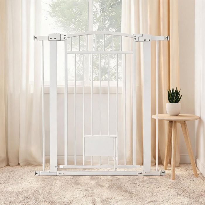 Barrière de sécurité ajustable 76-104 cm avec porte pour chat acier blanc