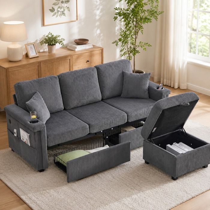 Canapé 4 Places avec LED USB-C Porte-Gobelets Rangements et Pouf Coffre Gris Foncé en Velours Côtelé
