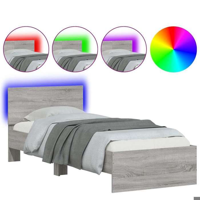 Cadre de Lit sans matelas avec Lumières LED 1 place Sonoma Gris 90x190 cm en bois avec lattes en contreplaqué 418398