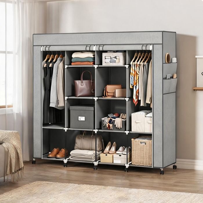 Penderie verticale en tissu non tissé et acier gris 10 compartiments 2 tringles 166 x 42 5 x 167 cm