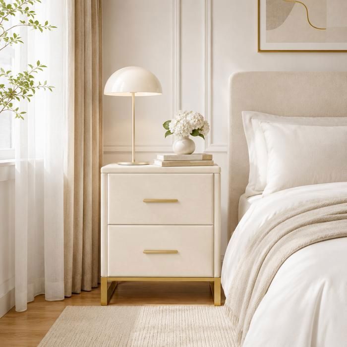 Lot de 2 Table de Chevet Table de Nuit avec 2 tiroirs Armoire de Chevet Poignées et Pieds Métal Doré 40×40×50 cm Velours Beige