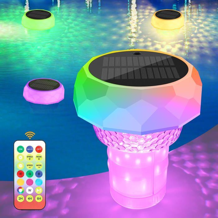 Diffuseur chlore flottant piscine lampe solaire intégrée télécommande sans fil étanche IP68 batterie 1200 mAh doseur extensible