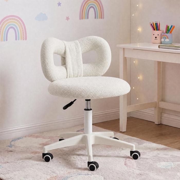 SUPFINE Chaise Tabouret de Bureau en Tissu Bouclette Roulettes Silencieuses Hauteur Réglable Chaise de Coiffeuse Rotation 360°