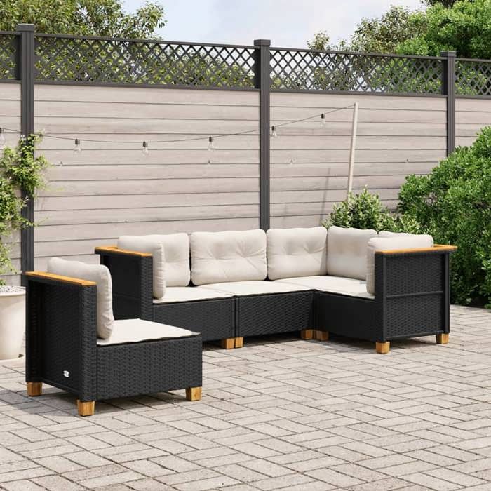 Noir Salon de jardin 5 pcs avec coussins noir résine tressée - Meuble de balcon LV55286