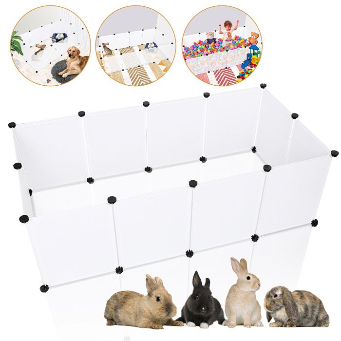 Parc modulable pour lapin et cobaye 12 panneaux 45 x 35 cm enclos DIY pour petits animaux en plastique PP et métal blanc maison