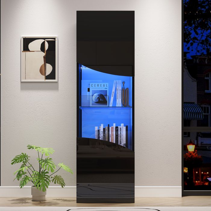 Meuble Colonne Vitrine LED - Noir Brillant - Armoire de Rangement Haute Verre Trempé 4 Niveaux 35 x 50 x 165 cm Meuble Colonne Vitrine LED - Noir Brillant - Armoire de Rangement Haute Verre Trempé 4 Niveaux 35 x 50 x 165 cm