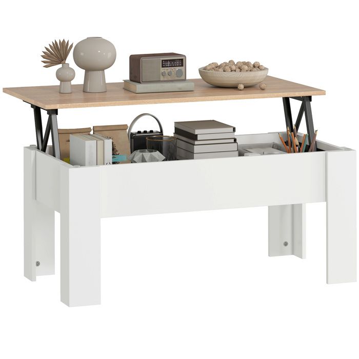 Table basse relevable table de salon avec compartiment caché style moderne pour salon bureau 100x50x45cm blanc