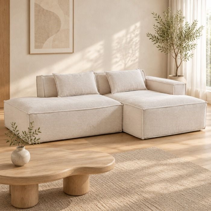Canapé d’angle fixe 2 places QAVRYL 235 cm avec méridienne droite polyester beige et 2 coussins