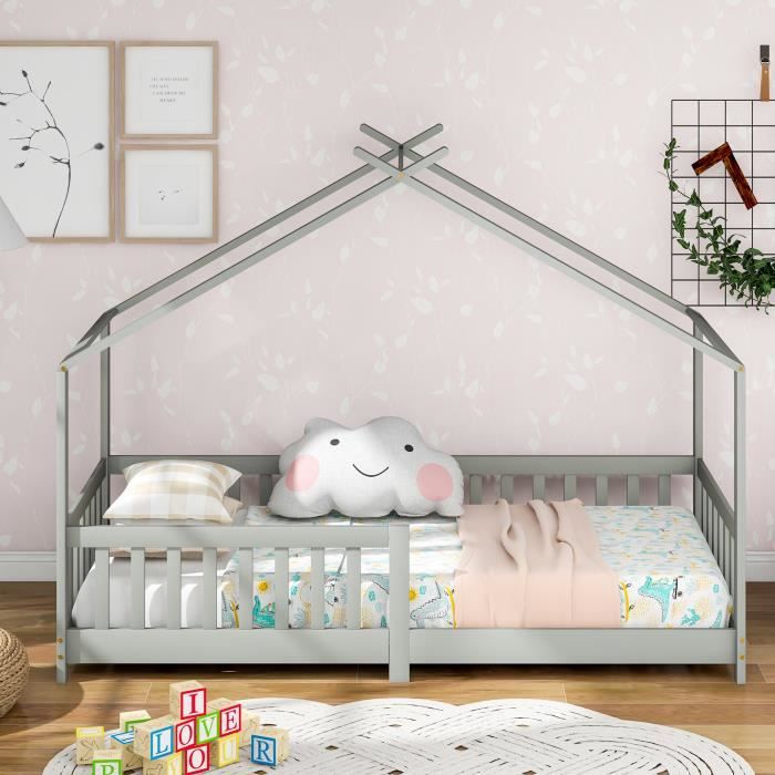 lit cabane, lit simple, avec clôture et sommier à lattes, avec protection contre les chutes, enfants et adolescents, gris 200x90 cm