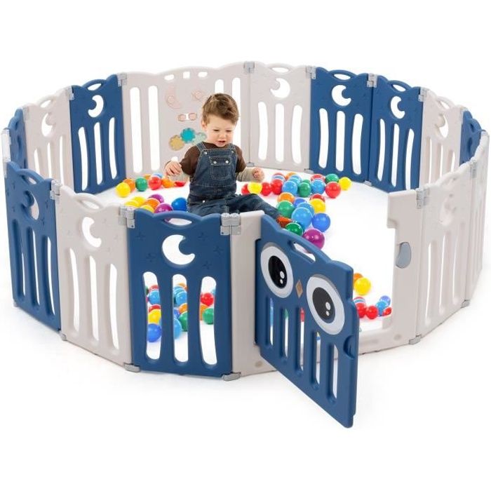 DREAMADE Parc pour Bébé Pliable 16 Panneaux en HDPE avec Verrou de Sécurité et Panneau de Jeu, pour Enfant 6Mois-3Ans, Bleu