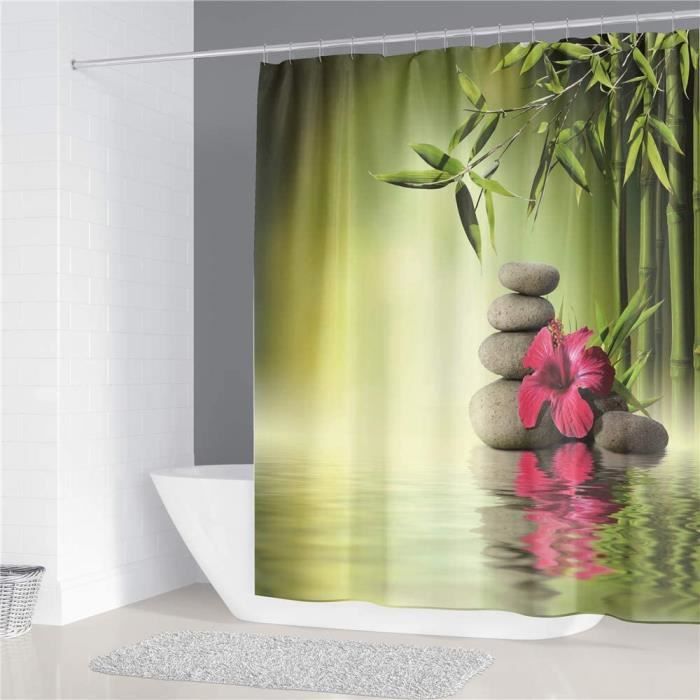 Rideau De Douche En Tissu Polyester Vert émeraude - Motif Feuilles D'eucalyptus - 135x220 Cm (LxH) Avec 12 Crochets - Imperméable, Anti-moisissure, Lavable - 2