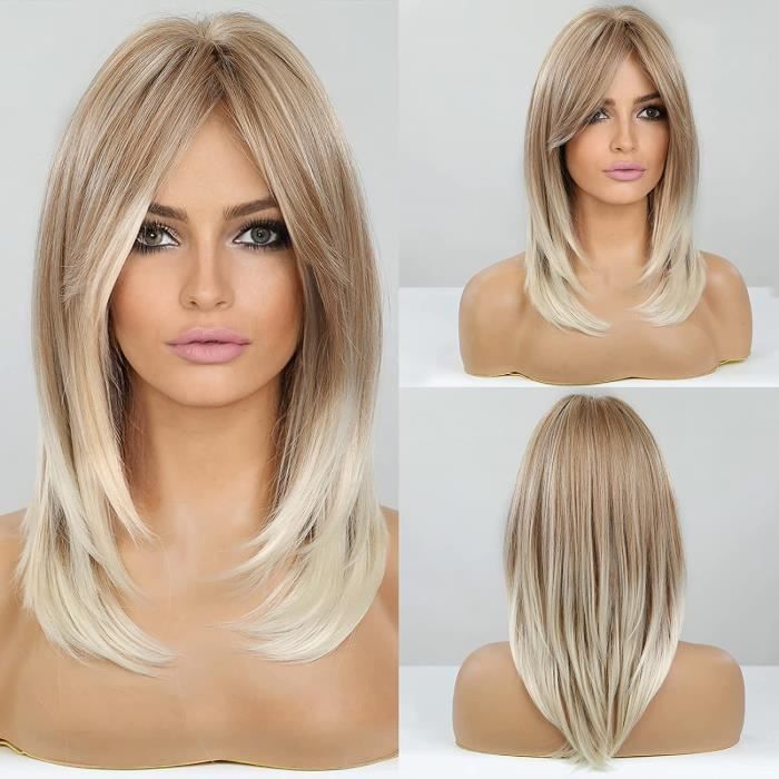 Perruque Blonde 100% Synthétique Cheveux Doré Jaune Racine Noir Long 4
