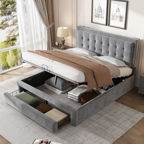 lit avec boîte et tiroirs, tissu velours, lit rembourré, cadre à lattes, lit double, grand rangement, 140 x 200 cm, gris